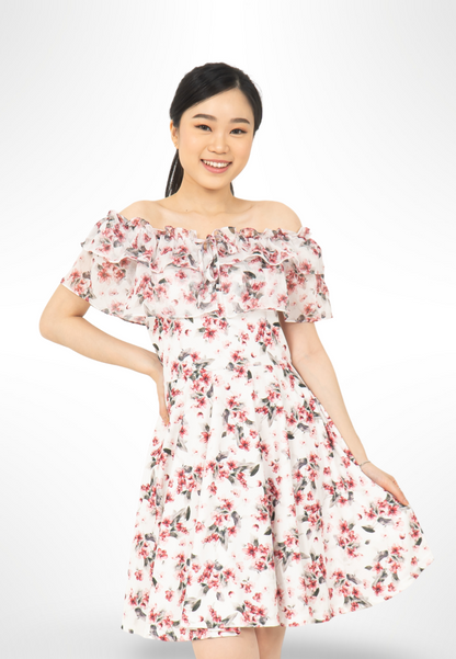 Red Korean Sabrina Floral Dress