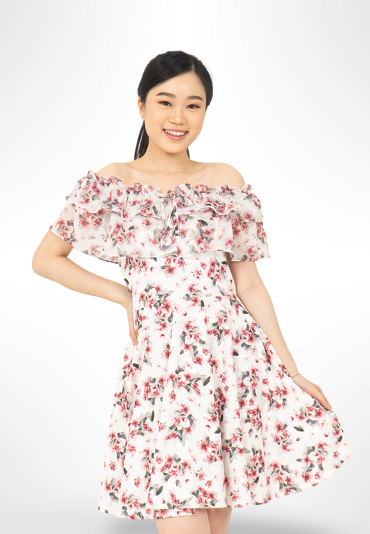 Red Korean Sabrina Floral Dress