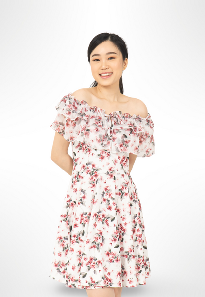 Red Korean Sabrina Floral Dress