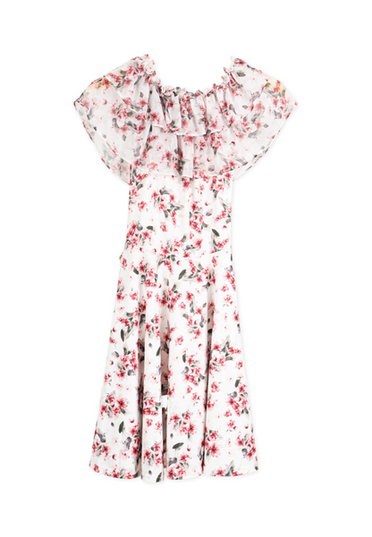 Red Korean Sabrina Floral Dress
